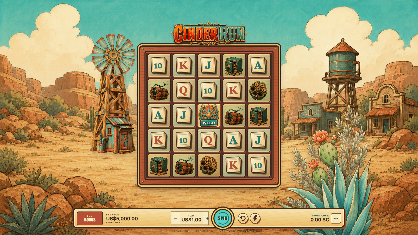 High-resolution Cinder Run game frame with five reels