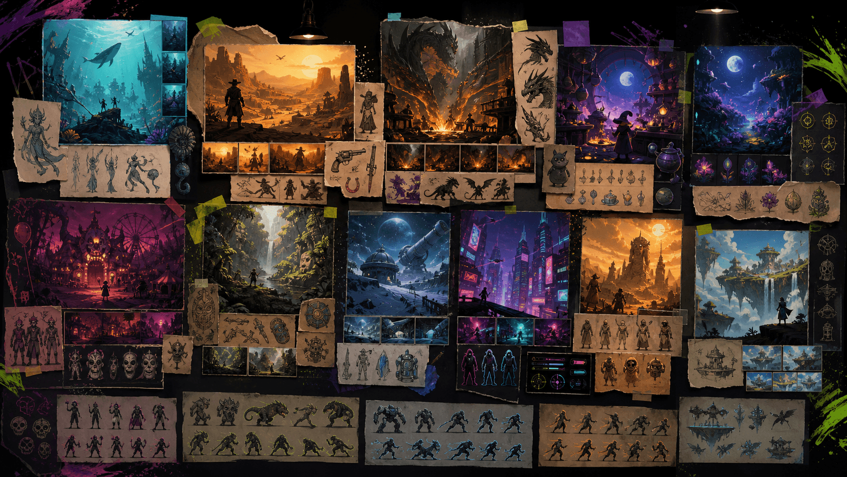 A studio concept wall filled with original game worlds, characters and animation studies
