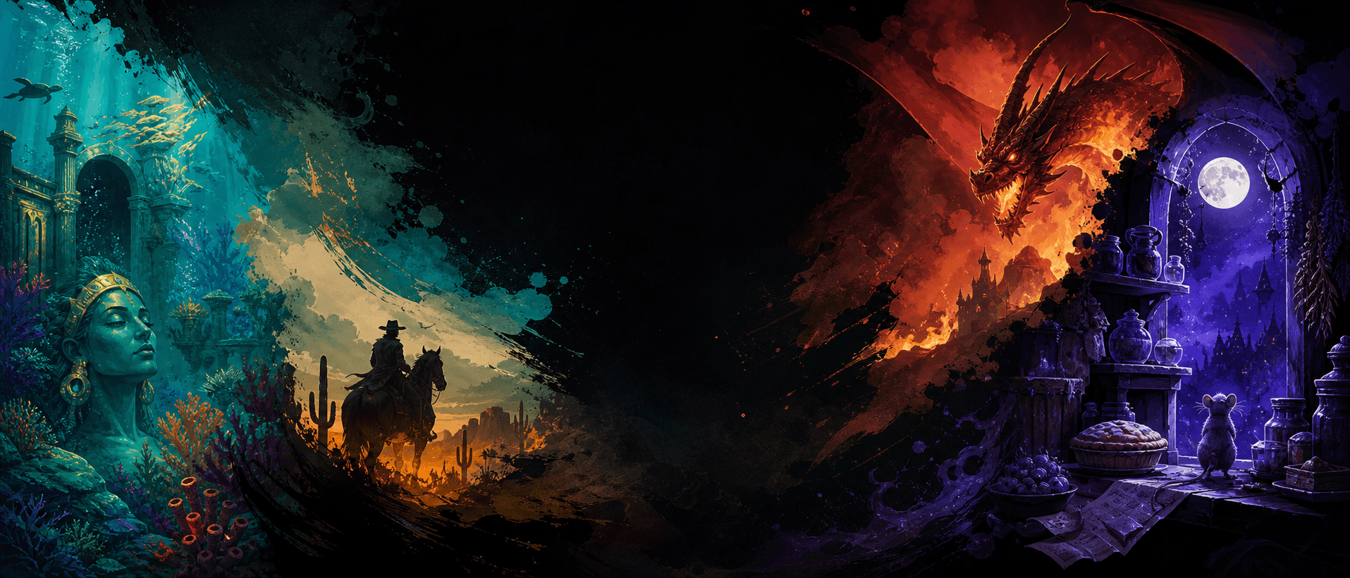Multiple illustrated game worlds colliding around a dark stage